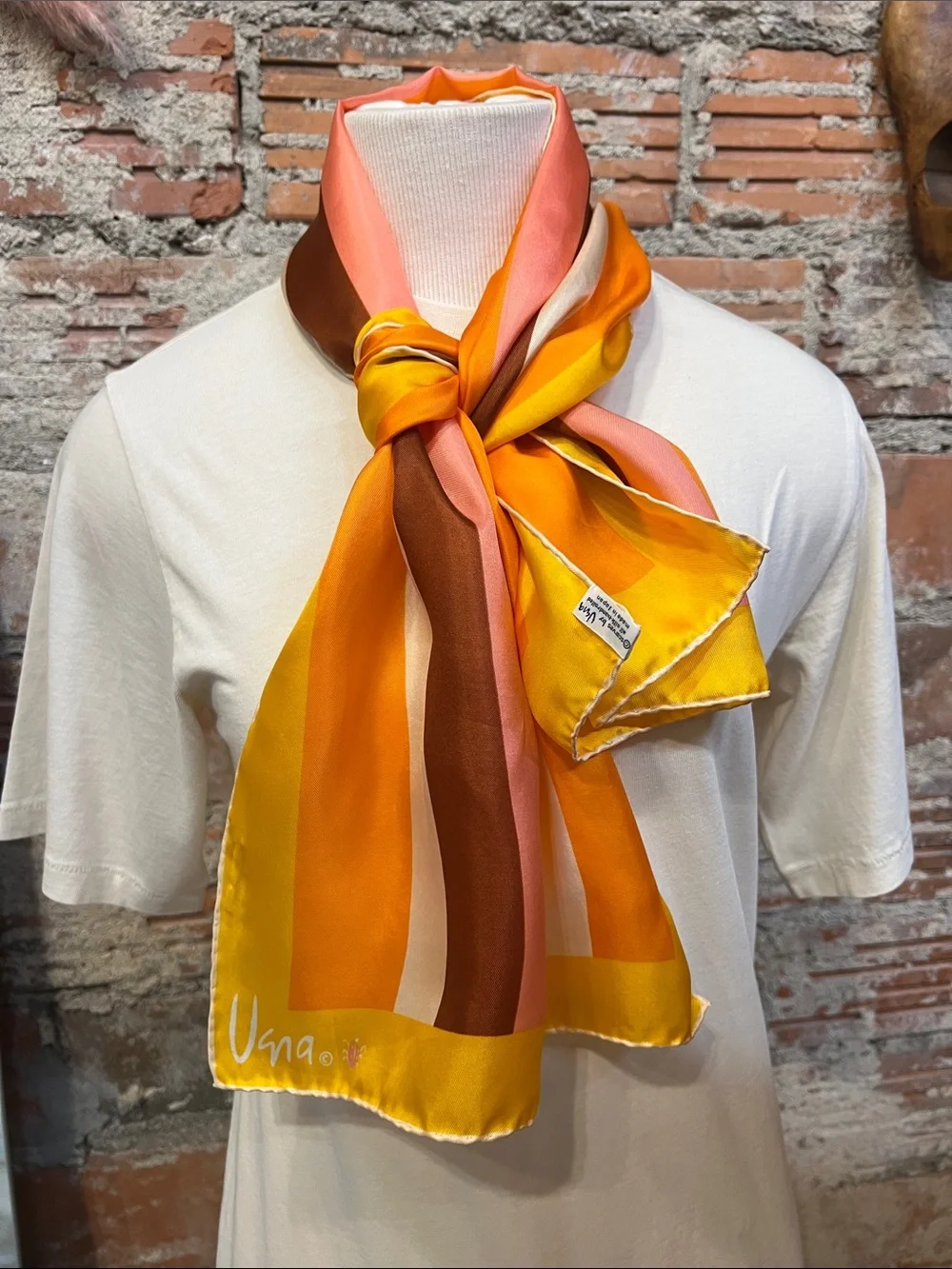 Vintage Vera Neumann silk Oblong Scarf hand rolled mustard orange pink & brown